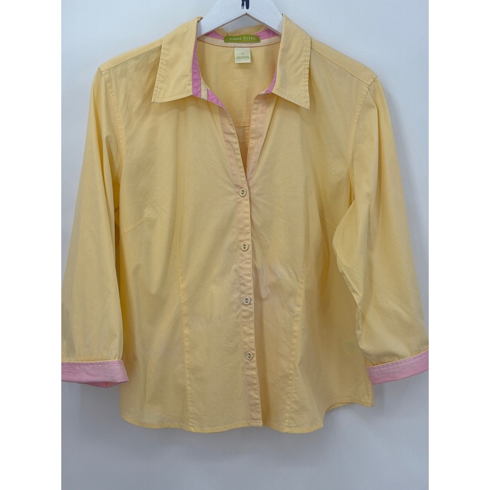 Sigrid Olsen Yellow Button Down Blouse Pink Trim 3/4 Sleeve‎ Cotton Stretch XL